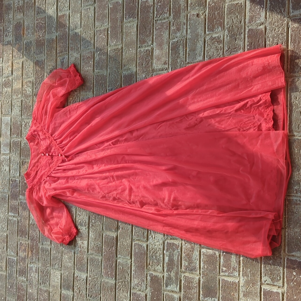 Vintage 1960s Sheer Red Nylon Embroidery &Lace Peignoir Nightgown and Robe Set
